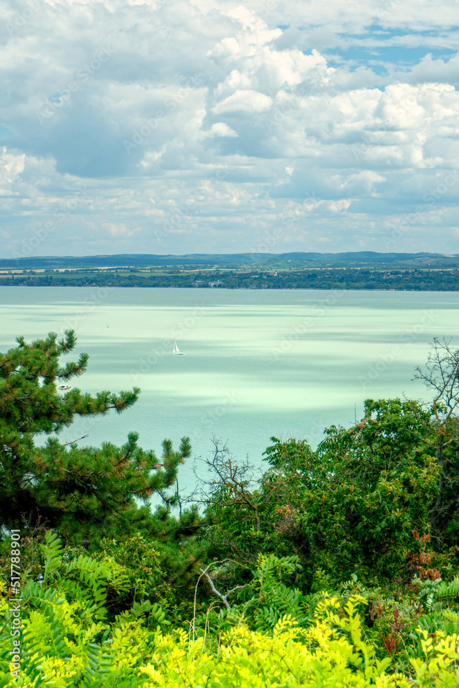 Fototapeta premium Lake Balaton view from Tihany viewpoint on hot summer day