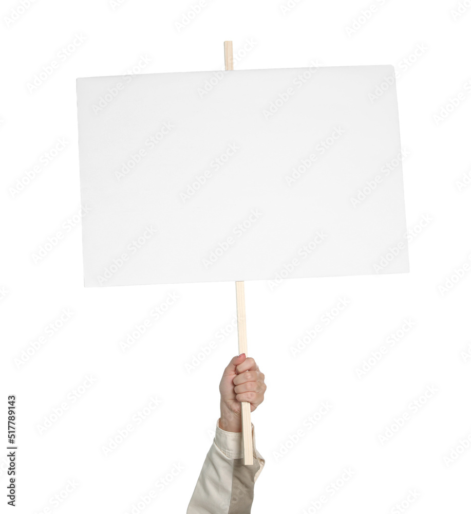 Woman holding blank protest sign on white background, closeup Woman holding blank protest sign on white background, closeup