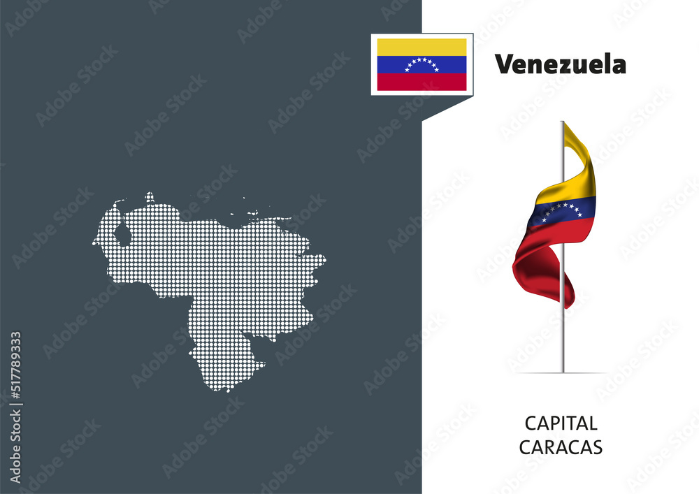 Flag of Venezuela on white background. Dotted map of Venezuela with Capital name - Caracas.