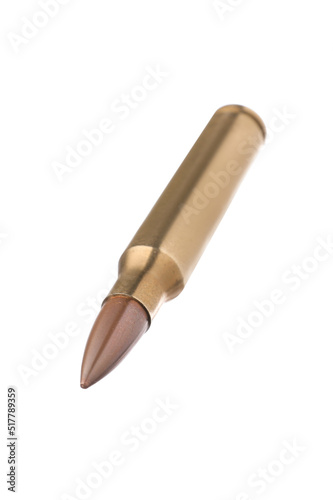 Rifle cartridge isolated on white. Firearm ammunition