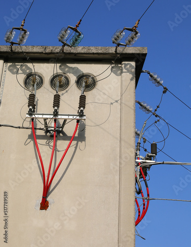 High voltage electrical cables entering the electrical substation in the industrial area photo