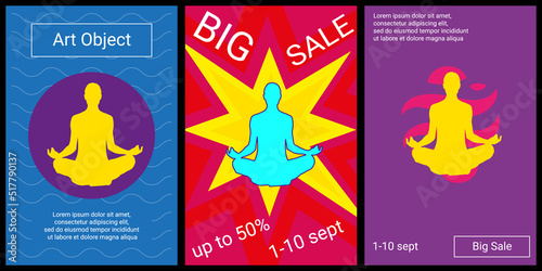 Trendy retro posters for organizing sales and other events. Large yoga symbol in the center of each poster. Vector illustration on black background