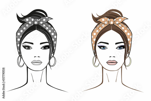 A girl in a bandana, black and white and colored sketches