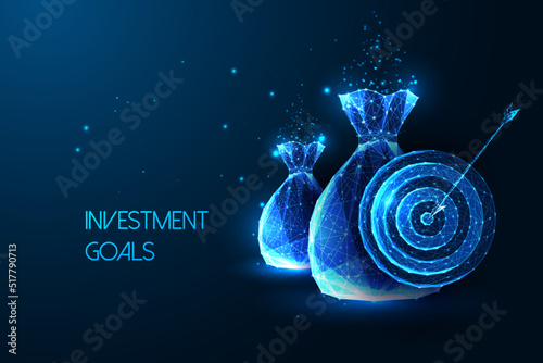 Investment goals concept with bags of money and target symbols in futuristic glowing style on blue 
