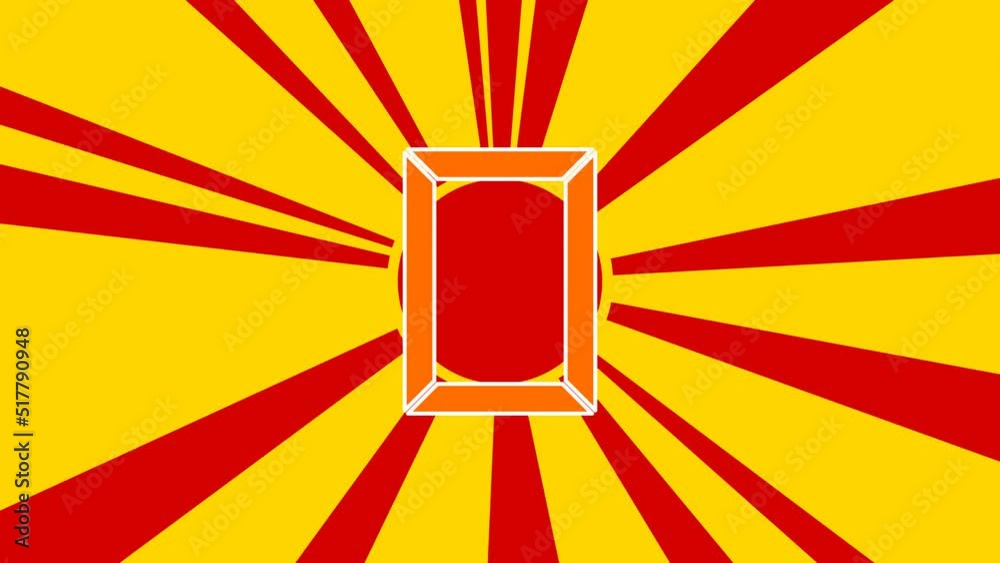 Photo frame symbol on the background of animation from moving rays of the sun. Large orange symbol increases slightly. Seamless looped 4k animation on yellow background