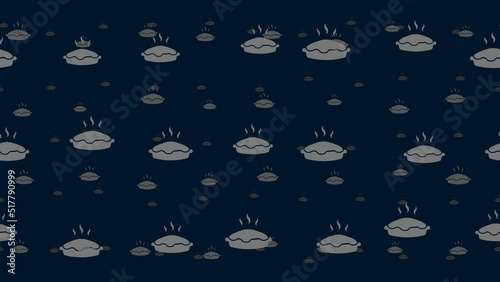 Hot pie symbols float horizontally from left to right. Parallax fly effect. Floating symbols are located randomly. Seamless looped 4k animation on dark blue background