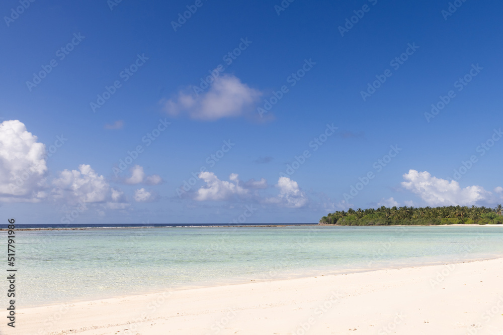 White sand and coco palms travel tourism wide panorama background concept