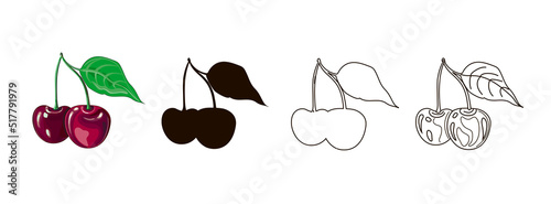 Fotografering Set of four drawings of cherries with leaf - double cherry in cartoon style, black silhouette, doodle and outline