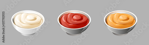 a set of sauces in neat white saucers. realistic stylized white saucers are filled with colorful colorful appetizing sauces