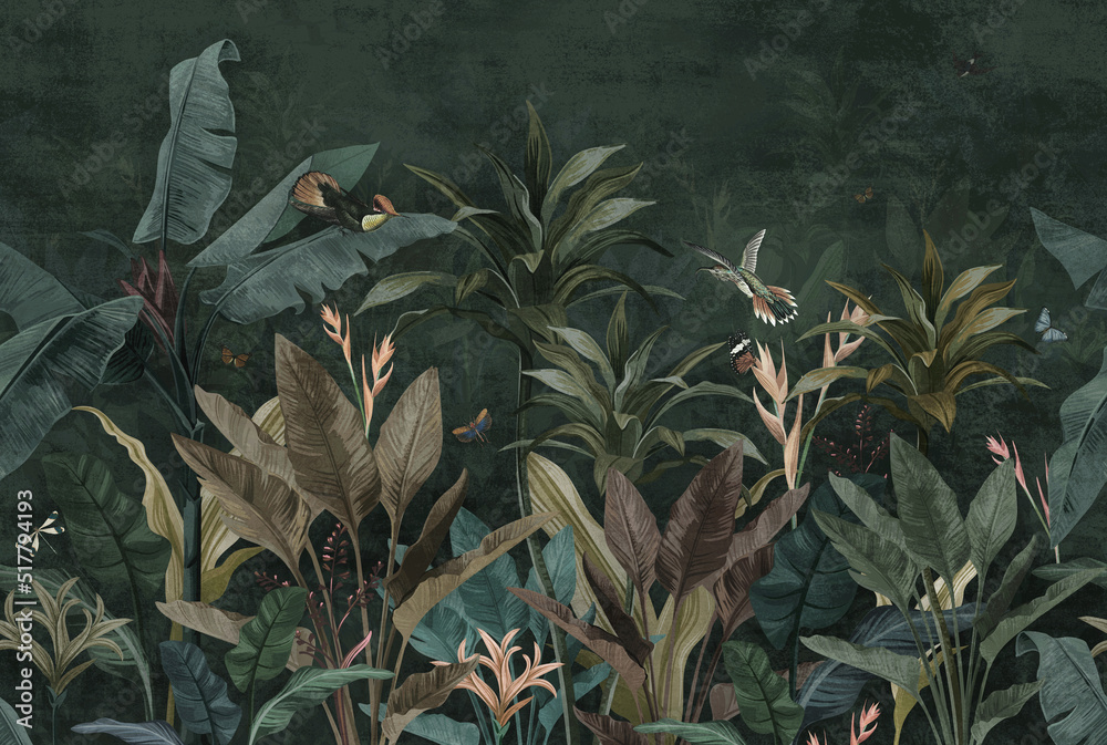wallpaper palm tropical forest vintage jungle pattern with birds dark mood - obrazy, fototapety, plakaty 