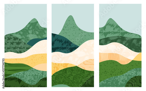 Abstract rice field with green texture vector illustration background. Set of mountain agriculture landscape poster. Ecology countryside, hill shape, decoration collection of eco farmland, nature art