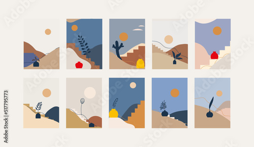 landscapes minimal mid-century vector illustration set