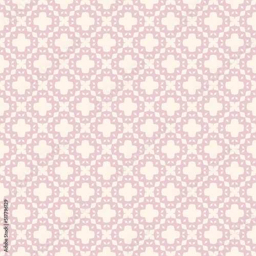 Vector geometric ornament in ethnic style. Abstract minimal seamless pattern with simple elements, floral shapes, grid, repeat tiles. Tribal background. Folk motif texture. Pink colored geo design