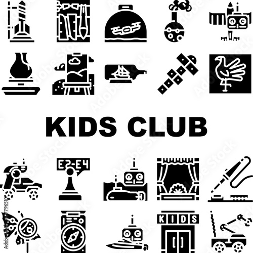 Kids Club Hobby Funny Occupation Icons Set Vector. Street Games Sport Tourism, Theatrical And Chemistry Children Club, Air Simulation Radio Controlled Car Sections Glyph Pictograms Black Illustration