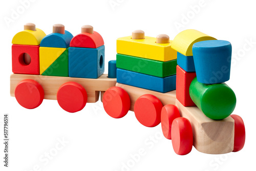 Vintage toy train model made of blocks in many shapes isolated on white background with a clipping path cutout concept for childhood development, minimalist nostalgic toys and educational play time