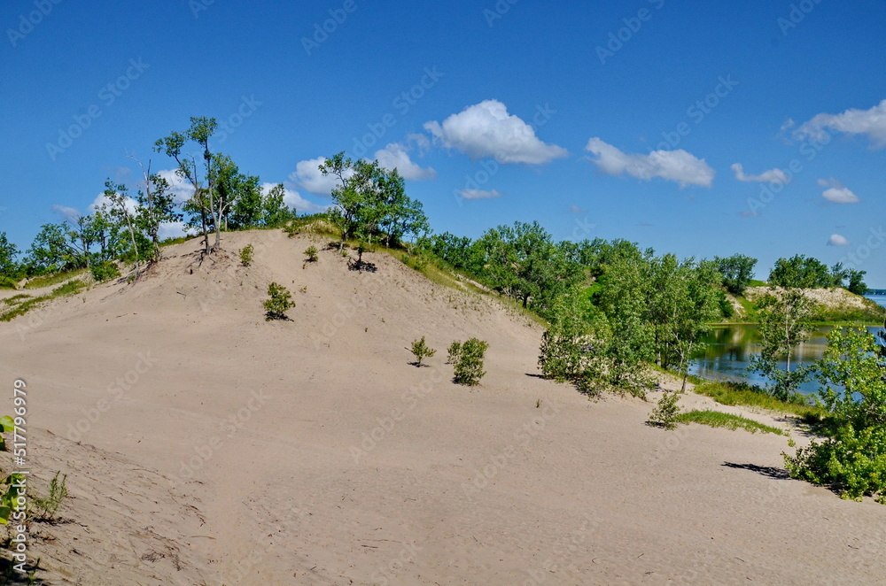 Dunes Beach sand dunes at Sandbanks Provincial Park in Ontario, Canada. Sandbanks is the largest baymouth barrier dune formation in the world. It is located on Lake Ontario. Dunes Beach sand dunes at Sandbanks Provincial Park in Ontario, Canada. Sandbanks is the largest baymouth barrier dune formation in the world. It is located on Lake Ontario.