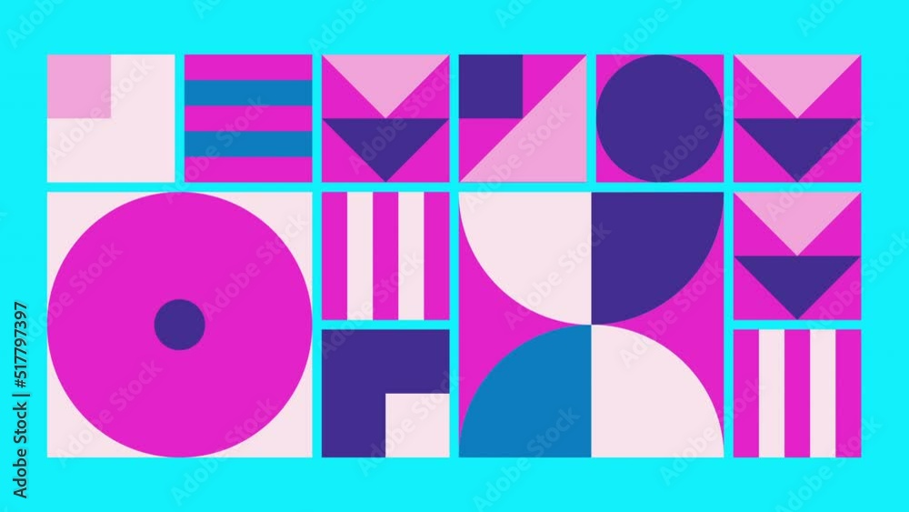 Geometric pattern loop. Circles, squares animation. Modernist abstract seamless background. Bauhaus Design style.
