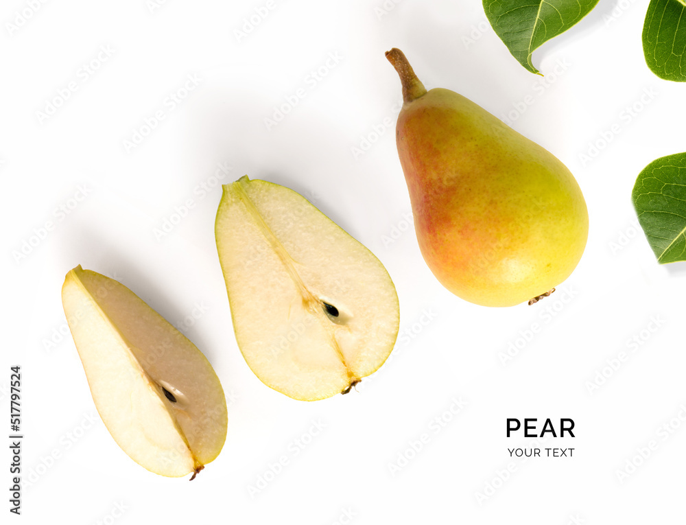 Creative layout made of pear. Flat lay. Food concept on a white background. Creative layout made of pear. Flat lay. Food concept on a white background.