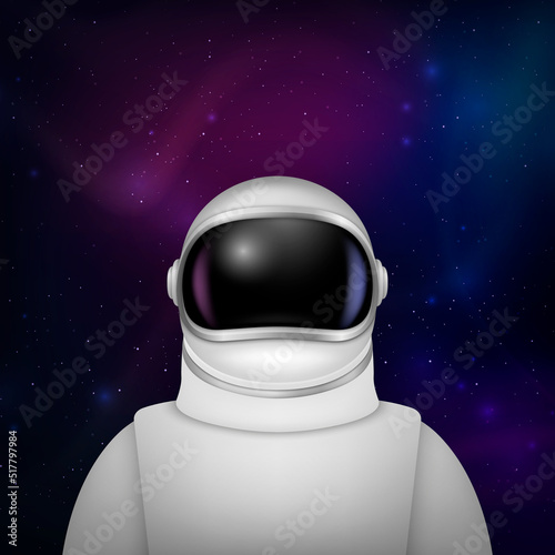 Vector 3d Realistic Spaceman, Astronaut. Spacesuit, Astronaut Helmet on Space Background. Cosmonaut Suit with Transparent Glass Visor for Space Exploration. White Suit for Spaceman, Protection