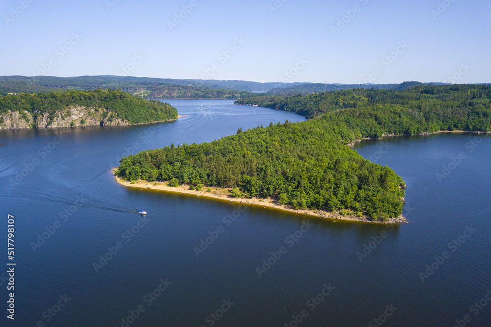 Aerial view of Orlik reservoir. Popular holiday tourist destination. Orlik nad Vltavou, South Bohemia, Czech republic.