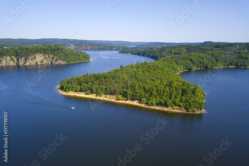 Aerial view of Orlik reservoir. Popular holiday tourist destination. Orlik nad Vltavou, South Bohemia, Czech republic. © peteri
