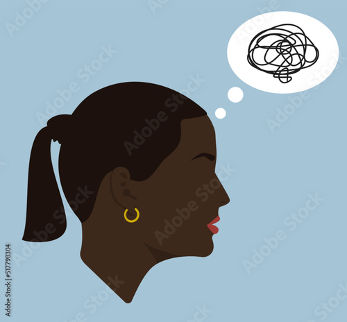 Silhouette. Face. Black woman. Female black head. Flat illustration of face. Head icon. Silhouette of a woman. Girl avatar. Intrapersonal conflict. Thought bubble. Girl's thoughts