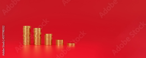 Coin stacks on panoramic red background. Financial market downturn, Inflation and stagflation concept. photo