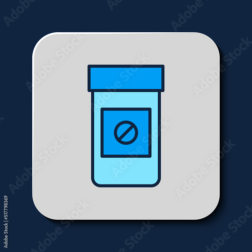 Filled outline Sports doping, anabolic drugs icon isolated on blue background. Anabolic steroids tablet. Pills in jar. Vector