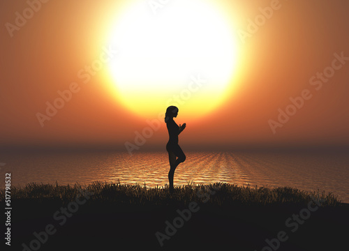 3D female in yoga pose in grassy landscape against a sunset sky
