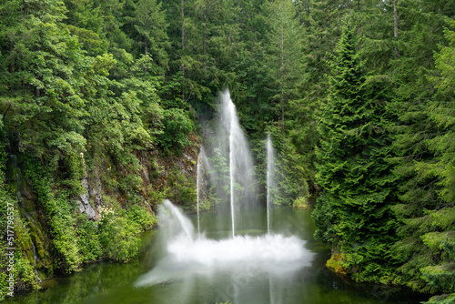 A water feature sprays water in a hidden lake in a Botanical garden near Victoria  British Columbia  Canada