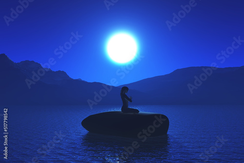 3D female in yoga pose on stepping stone against night sky