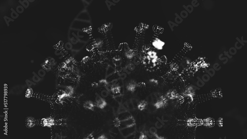 Virus infection visualization. Dark Coronavirus 2019-nCoV pathogen cells inside infected human shown as pink colored spherical microorganisms on a black background. Animated 3d rendering close up 4K