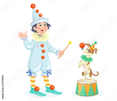 Funny boy in a carnival costume with a small trained dog. In cartoon style. Isolated on white background. Vector illustration.