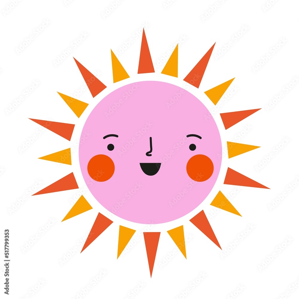 Vector illustration colored sun with smiling face. Yellow, pink and red color on white background. Funny sticker design, home wall decoration poster and apparel print template