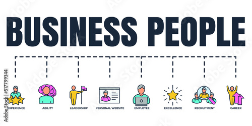 business people banner web icon set. excellence, ability, employee, recruitment, career, personal website, experience, leadership vector illustration concept.