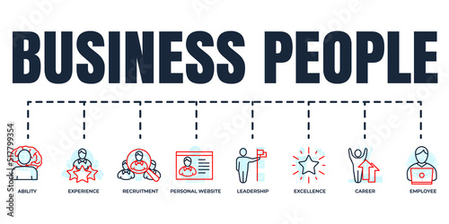 business people banner web icon set. excellence, ability, employee, recruitment, career, personal website, experience, leadership vector illustration concept.