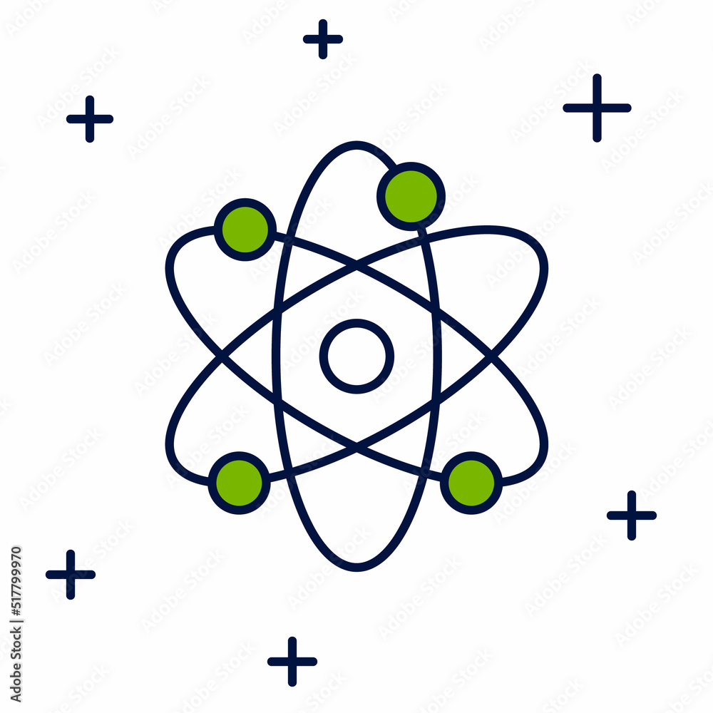 Filled outline Atom icon isolated on white background. Symbol of science, education, nuclear physics, scientific research. Vector Filled outline Atom icon isolated on white background. Symbol of science, education, nuclear physics, scientific research. Vector
