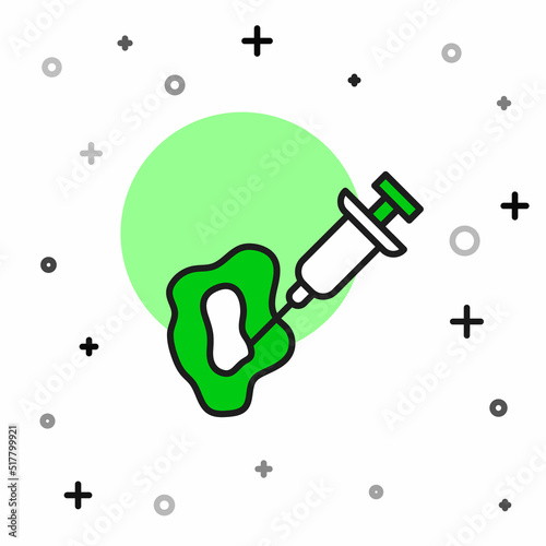 Filled outline GMO syringe icon isolated on white background. Genetically modified organism acronym. Dna food modification. Vector