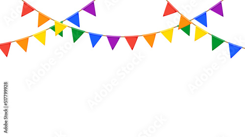 LGBT garland. Rainbow color pennants chain. Party bunting decoration. Triangle celebration flags for pride decor. Vector 