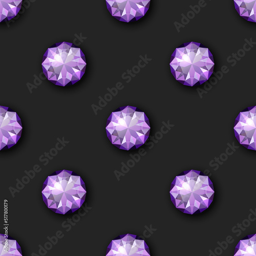 Vector Seamless Pattern with 3d Realistic Purple Gemstone, Crystal, Rhinestones on Black. Jewerly Concept. Design Template. Gems, Crystals, Rhinestones or Gemstones, Top View