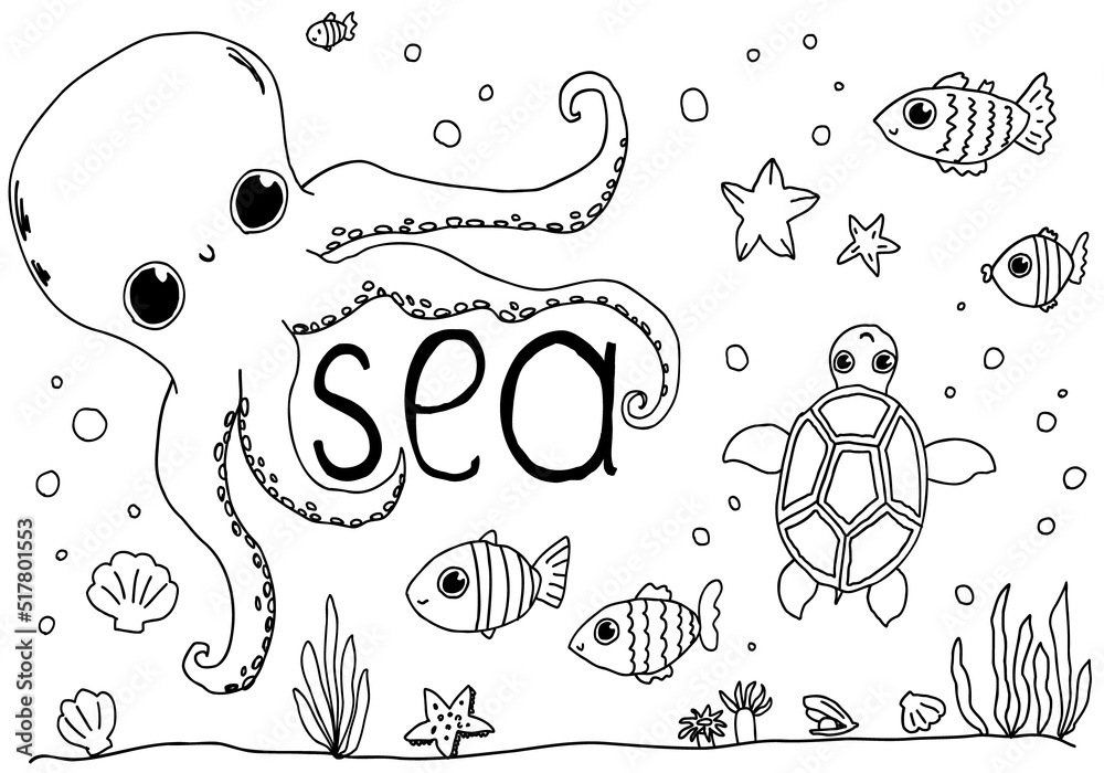 Cute baby fishes, octopus, turtle isolated line set doodles isolated. Hand drawn vector illustrations collection sketch sea.