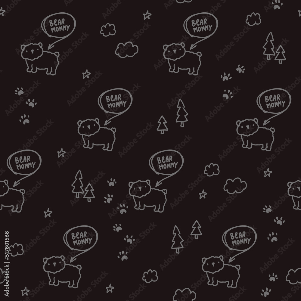 Cute black pattern with bear, trees, stars, text. Mommy seamless background. Textiles for baby, digital paper scrapbook. Cute black pattern with bear, trees, stars, text. Mommy seamless background. Textiles for baby, digital paper scrapbook.