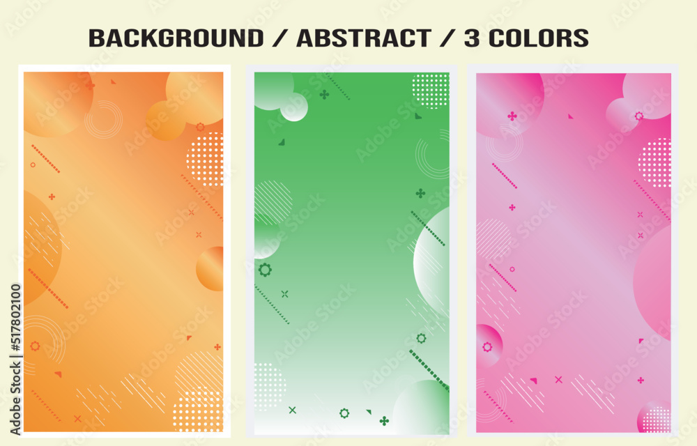 Abstract backgrounds set in orange, green and pink colors. It's all detailed with spheres and various cheerful figures. vector illustration.