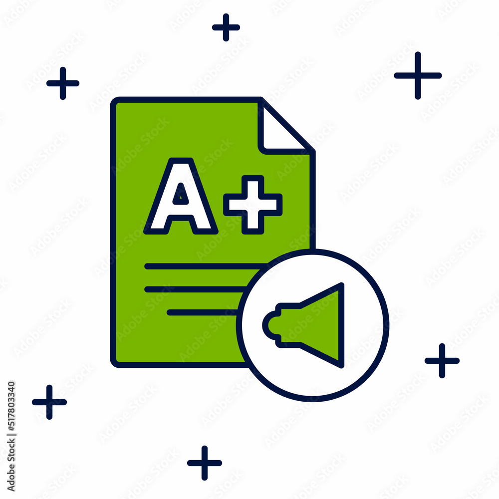 Filled outline Exam sheet with A plus grade icon isolated on white background. Test paper, exam, or survey concept. School test or exam. Vector Filled outline Exam sheet with A plus grade icon isolated on white background. Test paper, exam, or survey concept. School test or exam. Vector