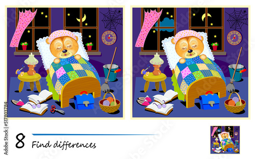 Find 8 differences. Illustration of bear sleeping in bed at night. Logic puzzle game for children and adults. Page for kids brain teaser book. Developing counting skills. Play online. Vector image.