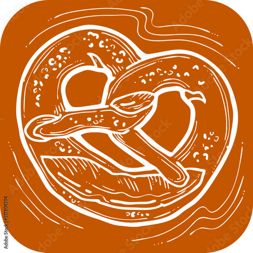 Tasty brezel for Oktoberfest celebration. Baked snack, bread for cafe, restaurant menu. Beer food for happy party people. Hand drawn illustration. Cartoon style line vector drawing.