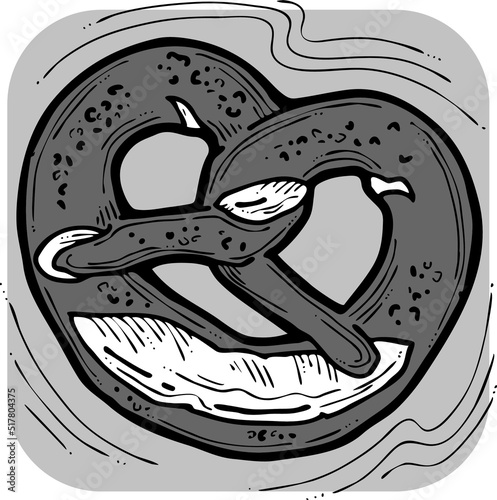 Tasty brezel for Oktoberfest celebration. Baked snack, bread for cafe, restaurant menu. Beer food for happy party people. Hand drawn illustration. Cartoon style line vector drawing.