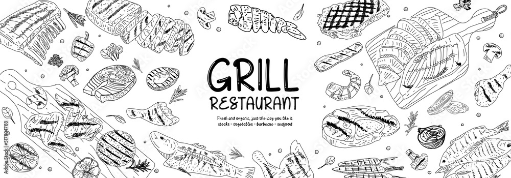 Grilled meat and vegetables. Top view design. Engraved design. Hand drawn illustration. For the design of the menu of cafes and restaurants, shop windows related to the theme of grilled food.
