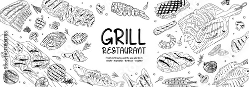 Grilled meat and vegetables. Top view design. Engraved design. Hand drawn illustration. For the design of the menu of cafes and restaurants, shop windows related to the theme of grilled food.