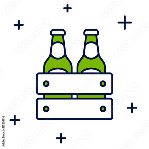 Filled outline Pack of beer bottles icon isolated on white background. Wooden box and beer bottles. Case crate beer box sign. Vector